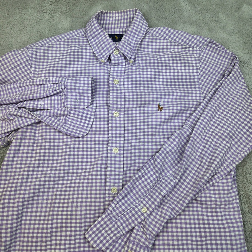Ralph Lauren Button Down Shirt Mens M Gingham Plaid Long Sleeve Purple and White